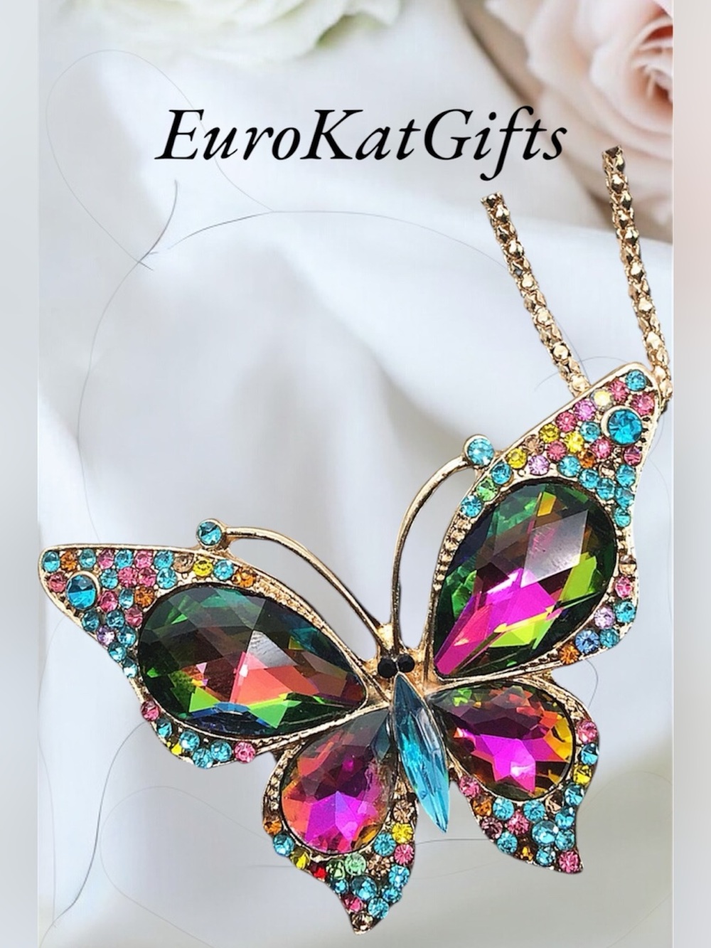 NWT Multicolor Crystal Butterfly Pendant Necklace on 18-24”inch chain NEW